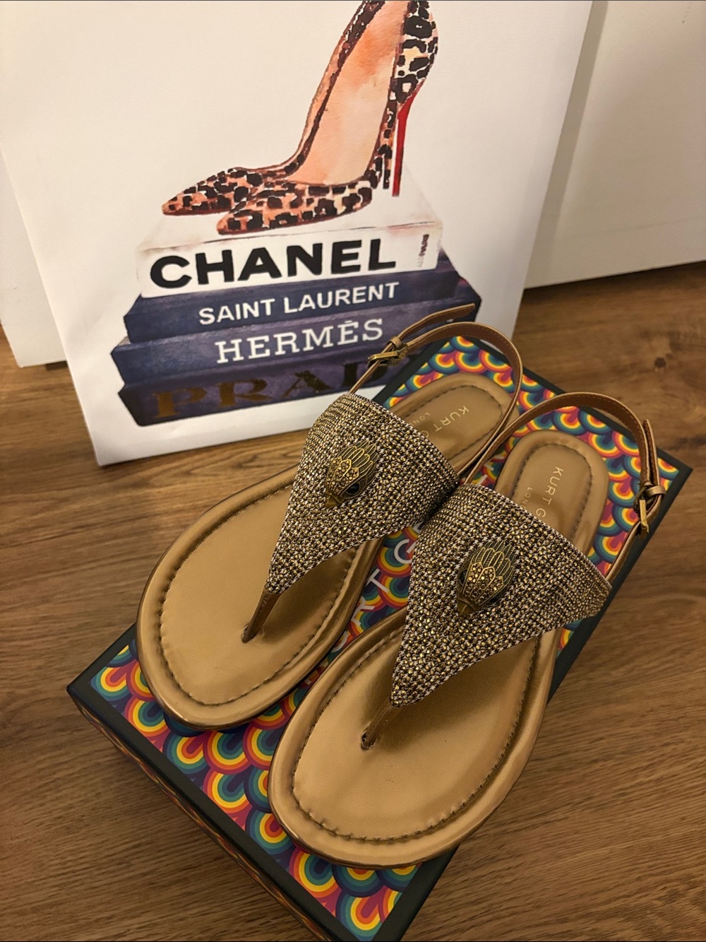 Kurt Geiger Tan and Gold Metallic Beaded Thong Sandals Gorgeous 39…8.5US